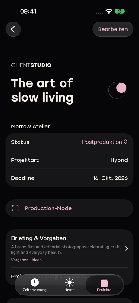ClientStudio development screenshot showing a creative project, its status and briefing